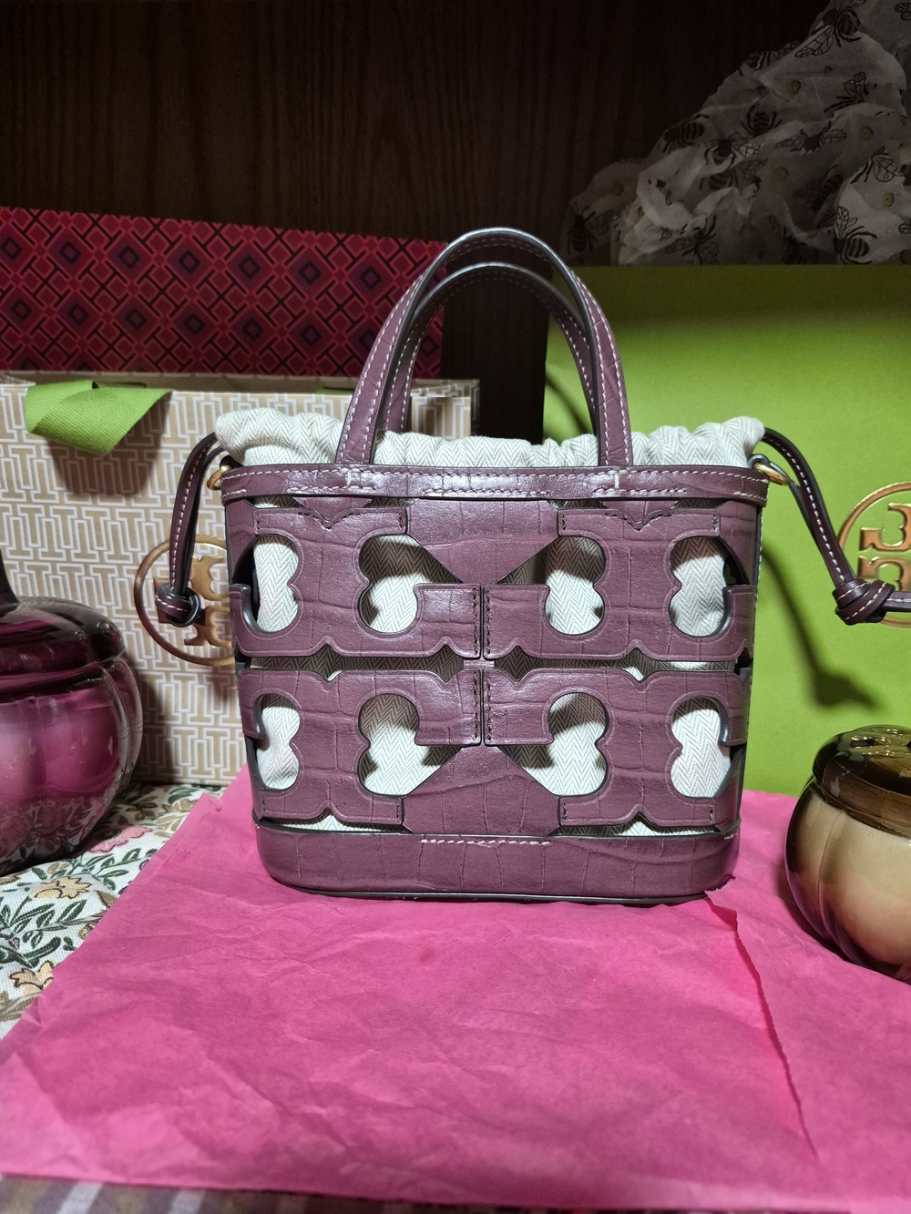 Tory Burch ELLA Leather Textured Cutout Tote in Mauve with White Liner